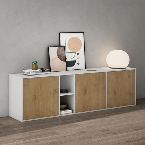 Mai & Mai Möbel Schrank mit 3 Türen und 2 Fächern Kommode in Weiß matt + Kerneiche Sideboard viel Stauraum für Wohnbereich BTH: 180x36x52,6 cm Schrank02