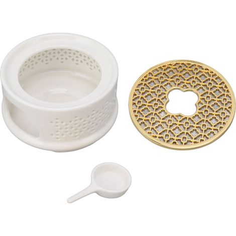 Chauffe-thé en Céramique Blanc avec Support Bougie et Cuillère - Base Chauffe-plat pour Thé et Café (1/5)