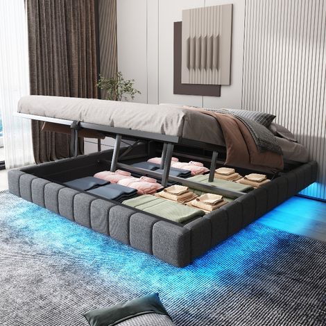 Polsterbett 180x200 cm mit Stauraum und LED-Beleuchtung, hydraulischer Schwebebettrahmen ohne Kopfteil, Doppelbett aus Leinenstoff Grau (1/5)