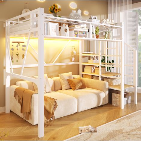 Cama alta moderna 90x200 cm de metal y MDF blanca con escalera-estantería, baldas abiertas y luz LED (1/5)
