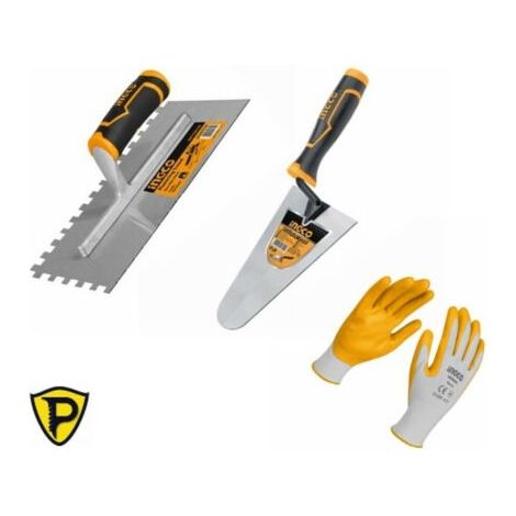 Kit Piastrellista INGCO 1 Cazzuola Punta tonda 18 + 1 Frattone dentato + Guanti (1/4)