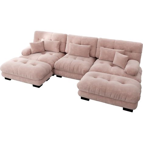 Sofá modular esquinero U de chenilla rosa con otomana, asiento profundo y diseño nube para salón (1/5)