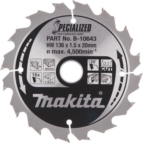 Makita - Hoja de sierra para madera, 136x20 mm, 16 dientes B-10643 (1/3)
