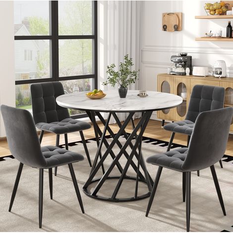 Set tavolo e sedie 5 pezzi, tavolo rotondo Ø 80 cm, piano MDF effetto marmo HAVRYA (1/5)