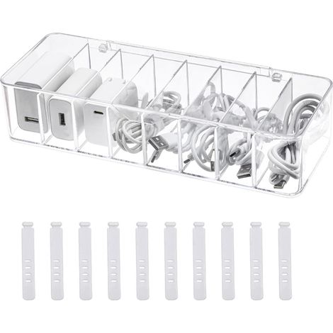 Organisateur de câbles de charge,boîte en plastique transparent couvercle,8 compartiments,peut contenir des câbles,des chargeurs