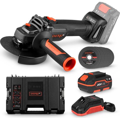 Dnipro-M Meuleuse d'Angle sur Batterie 20V Brushless, Disque 125mm, 2 Vitesses pour Tronçonner, Ébarber et Poncer, avec Batterie 4Ah, Chargeur, Mallette et 10 Disques à Tronçonner. DGA-201BC Ultra