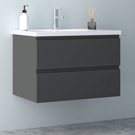 80 cm Badmöbel Set Unterschrank 2 Schubladen soft close Badezimmermöbel Selbstmontierter mit Weiß keramik waschtisch Unterschrank mit Anthrazit Matt (1/5)