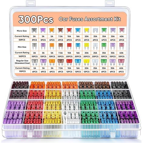 300 Pcs Car Fuses Assorted Kit with Puller - 160 Mini Blade Fuses + 90 Standard + 50 Micro Fuse - Automotive Fuse Box Set for Cars, RVs, Trucks, Motorcycles (2A 3A 5A 7.5A 10A 15A 20A 25A 30A 35A 40A