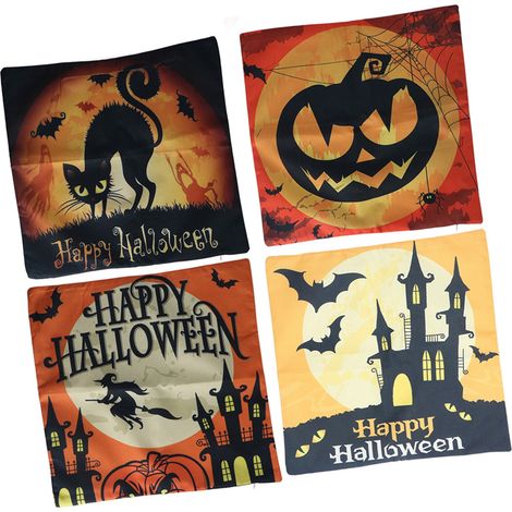 Taies d'oreiller Halloween motif citrouille, fermeture éclair, lin lavable à froid, housse de coussin décorative pour maison, lot de 4, modèle 02 (1/5)