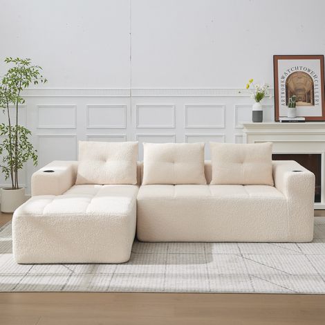 Divano angolare 258 cm beige in poliestere con portabicchieri e seduta profonda (1/5)