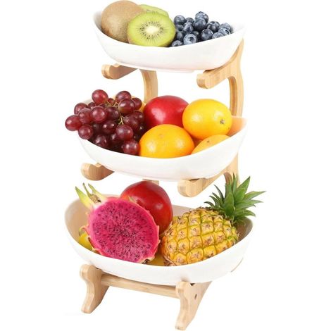Elegante alzatina a 3 livelli per frutta, verdura, snack e torte, con fruttiera in ceramica e supporto in legno. (1/5)