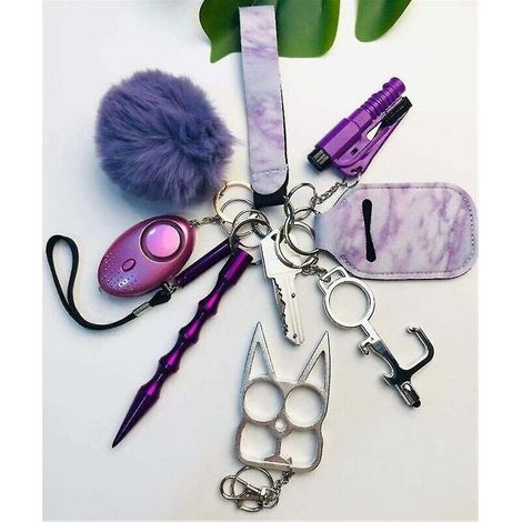 Ensemble de 11 porte-clés d'auto-défense pour femmes – Alarme personnelle portable en fausse fourrure de lapin – Pratique pour transport quotidien