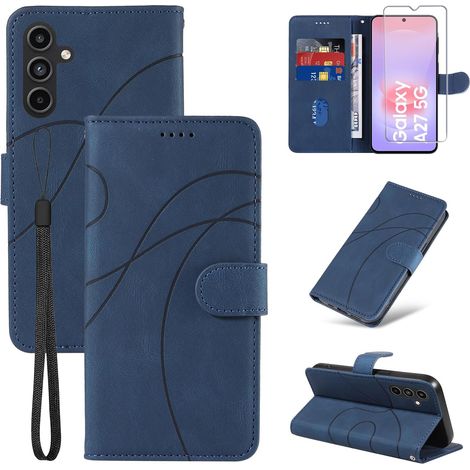 Coque pour Samsung Galaxy A27 5G avec 1 Pièces Verre Trempé Protection, Premium PU Cuir Multifonction Magnétique Portefeuille à Rabat Flip Housse Étui pour Samsung Galaxy A27 5G - Bleu (1/5)