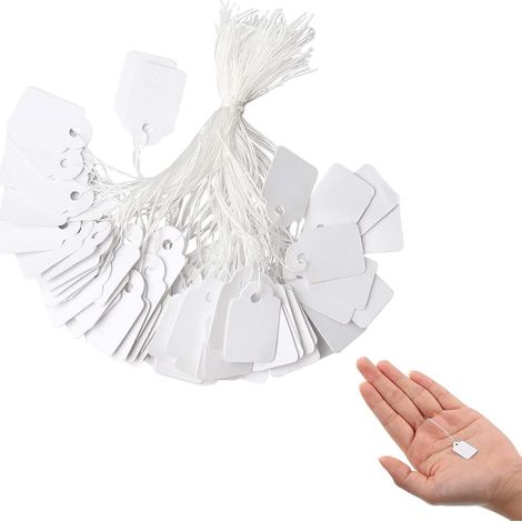 Packung mit 500 Preisschildern, weiße Schilder mit Schnur zur Präsentation von Schmuck, Tickets, Geschenken, Gepäckanhänger mit Kordel, 23 x 13 mm