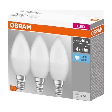Led llama pulida con radiador E14 4.9W frío caja de 3 - Osram