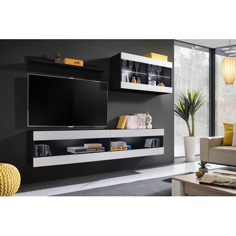 Komodee, Ensemble de Meubles Tivoli SET6, Noir/Blanc, Largeur 200cm x Hauteur 195 cm x Profondeur 35 cm, sans LED, pour Salon, Chambre à coucher (1/5)