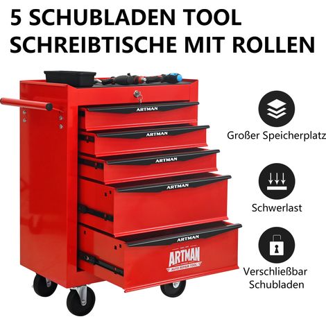 Coffre à outils roulant métallique 5 tiroirs, armoire de rangement rouge et noire avec glissières à billes, organisateur en acier