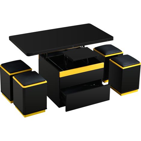 Table basse multifonctionnelle noire et jaune 100 x 50 x 43 cm avec 4 tabourets et rangement (1/5)