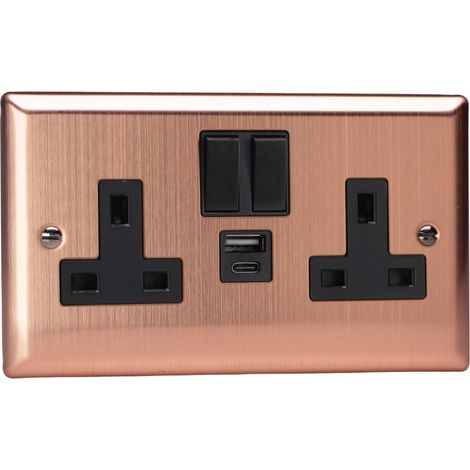 Varilight 2-Gang 13A Switched Double Socket with 20W Shared USB-A and USB-C Charging Ports, Brushed Chrome