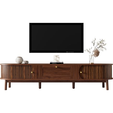 Meuble TV moderne avec rangements, deux portes coulissantes, grande niche et finitions élégantes pour salon et chambre, style épuré en bois foncé, CHICFURN (1/5)
