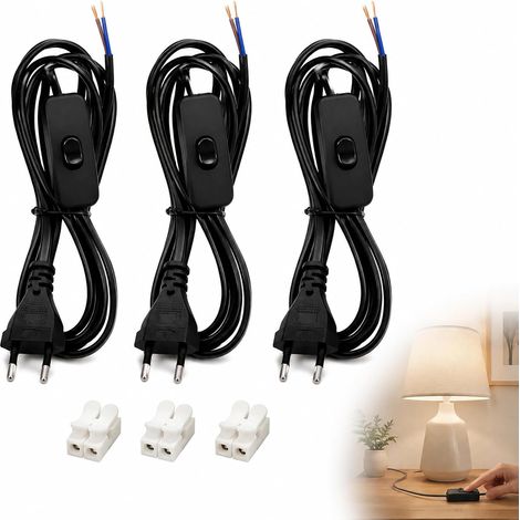 3 Pieces 1.8 m Cable with Switch and Socket, Lamp Cables for Table and Socket, Connection Cable with Euro Plug, Safety Cord Switch, for Lamps, Salt Lamps, Black (1/5)