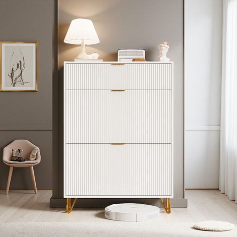 Meuble à Chaussures - Blanc & Doré - 3 Casiers Modulables - Design Contemporain - Gain de Place
