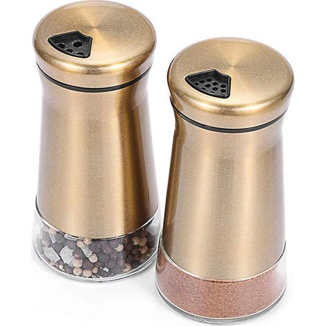 Ensemble salière et poivrière en cuivre et acier inoxydable, bocal à fond transparent avec couvercle en acier inoxydable, trou de versement réglable, résistant à l'humidité (1/5)