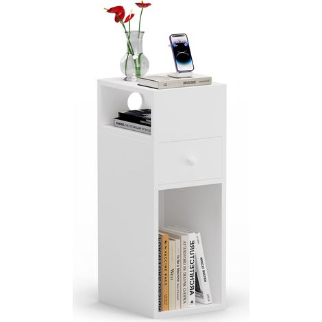 Vounot – Table de chevet étroite 1 tiroir 2 compartiments ouverts – Bois d'ingénierie blanc – Dimensions 30x25x66cm – Finition laquée résistante à l'eau (1/5)