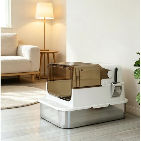 Litière fermée XL en acier inoxydable pour grands chats 70x50x46,5 cm blanche OKMYHOME (1/5)