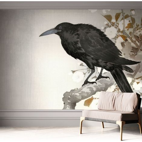 Carta da parati autoadesiva - Fotomurale adesivo - design elegante - stile moderno - Corvo tra i fiori 312x219 cm (1/5)