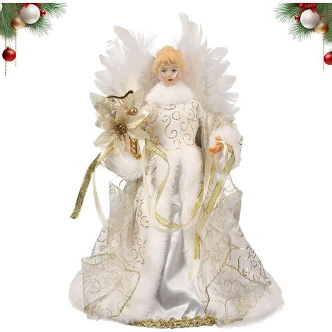 Cime d'arbre De Noël Topper d'arbre De Noël Ange Décoration Ange Noel avec Ailes en Plumes Blanches 13.8in (1/5)
