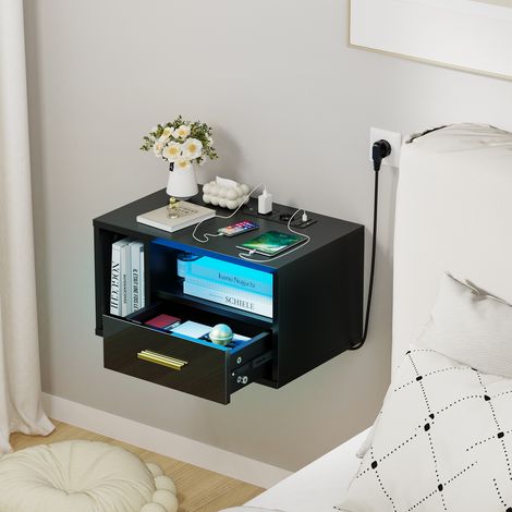 Sifree – Table de chevet LED murale 2 en 1 – 16 couleurs RVB – 4 modes lumière – Télécommande – MDF noir – Dimensions 42x30x26cm (1/5)