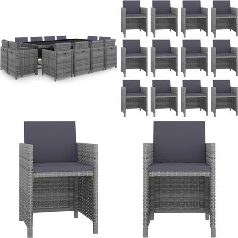 Set comedor de jardín 13 piezas y cojines ratán sintético gris - Ratán sintético - Cojines para jardín