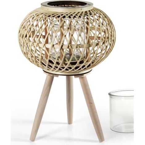 LANTERNA TONDA PORTACANDELA IN LEGNO VETRO E BAMBU 15X36 CM ORO CON PIEDINI (1/2)