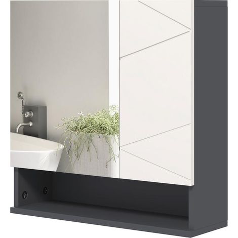Armoire de salle de bain avec miroir, meuble mural avec étagère réglable, compartiment ouvert, fonction antibuée, 55 x 17 x 55 cm, gris
