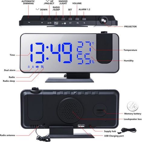 Radio Réveil - - Projection LED - Affichage Température - Affichage Humidité - USB (1/4)
