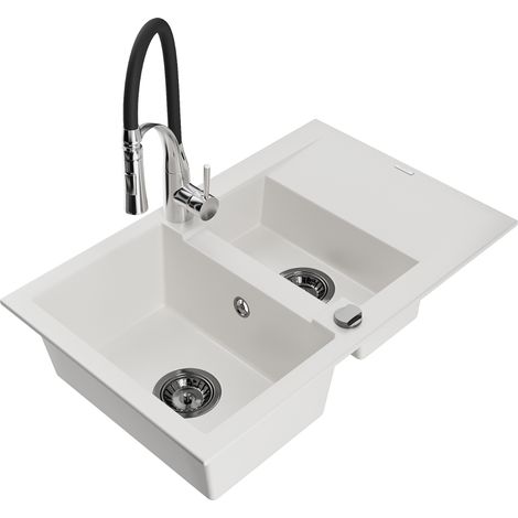 Mexen Gaspar évier en granit 1,5 bac avec égouttoir et mitigeur Aster, blanc - 6507-20-73450-07-B (1/5)