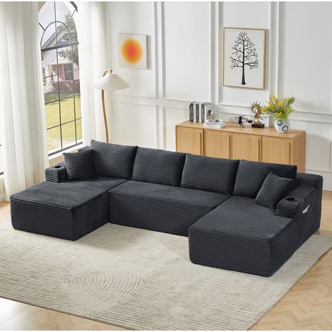 Sofá modular en U sin estructura de pana gris oscuro OKWISH (1/5)