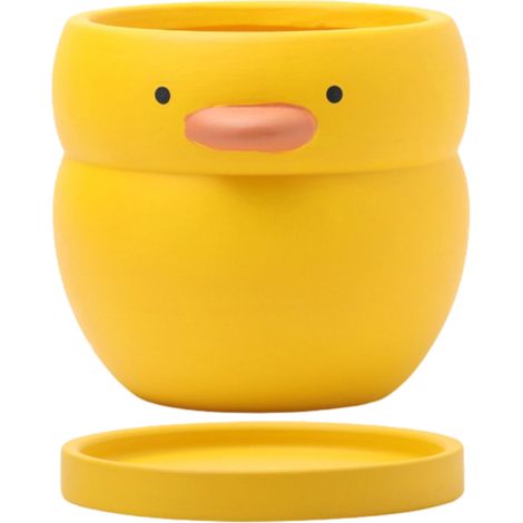 Pot de fleurs en céramique rond en forme de canard jaune mignon avec porte-stylo décoratif. Pot en argile respirant pour orchidée verte charnue. (1/5)