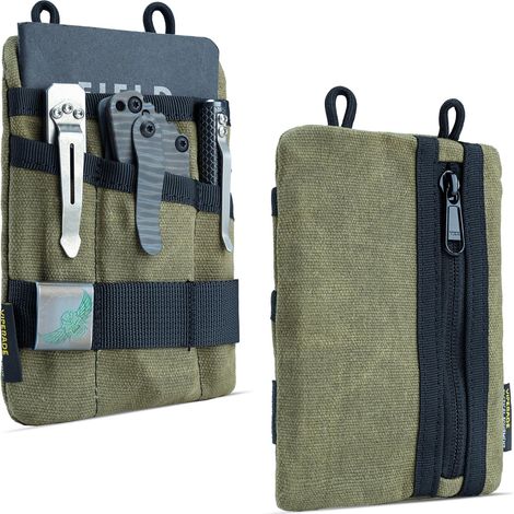 Juego de 2 estuches EDC pequeños, bolsa de almacenamiento EDC de lona encerada, estuche pequeño para herramientas con 5 bolsillos, organizador multiusos para linterna, multiherramienta, bolígrafo y li