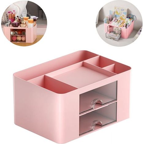 Organizer da scrivania rosa, monoblocco, portapenne con cassetto, 19,5x14x10 cm (1/3)
