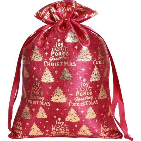 Sacs cadeaux de Noël en coton à cordon de serrage 20x30cm (lot de 2) - Sacs cadeaux festifs estampés dorés (1/4)
