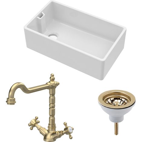 Fireclay Kitchen Bundle - 795mm 1 Bowl Belfast Sink with Strainer Waste & French Classic Tap, Brushed Brass (1/5)