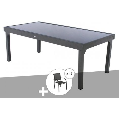 Hesperide – Ensemble repas table extensible rectangulaire en verre trempé 320x100cm – 12 personnes – Aluminium traité époxy – Pieds réglables (1/5)