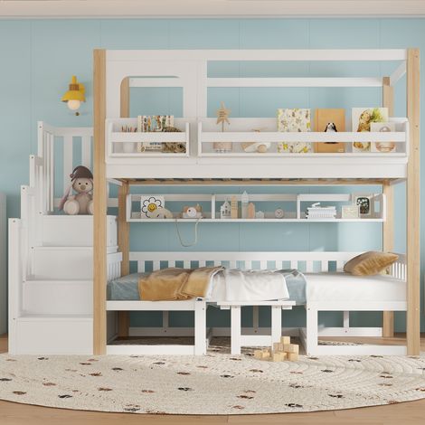 Litera infantil de 90x200 cm con mesa plegable ajustable, escalera de almacenamiento, madera maciza blanca natural. (1/5)