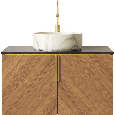 CAIziMeuble vasque de salle de bains mural de 76 cm avec vasque ronde en céramique blanche à motif pierre, plan de travail en pierre frittée noire, meuble en contreplaqué à 2 portes, couleur veinage b