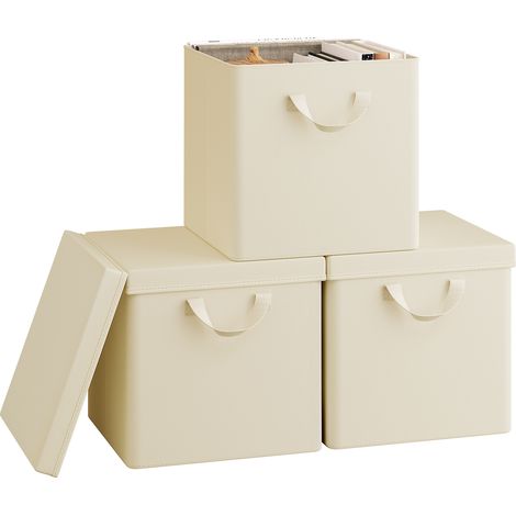 WOLTU Set 3 Scatole Portaoggetti box pieghevole cestino contenitore cesta con maniglie in tessuto Crema 26L