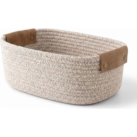 Panier de Rangement Tressé - 1 Unité - Coton et Cuir - Organisateur Rigide Lavable - Salle de Bain et Bureau - 28x22x11 cm Marron (1/5)