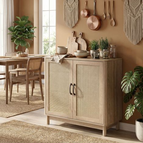 Buffet Salon Meuble de Rangement 2 Portes Rotin Étagère Réglable Bords Arrondis 76x35x75,5cm Chêne