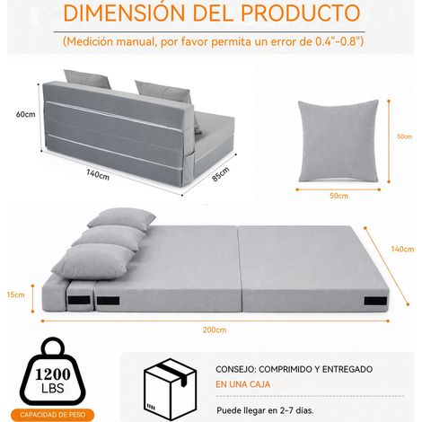 HAUSPROFI Convertible Sofa Cama 2 Plazas 2 almohadas 2 bolsillos laterales 4 en 1 — 140 × 200 cm — de espuma viscoelástica de alta densidad 30D y Tejido Terciopelo Gris - Funda Lavable a Máquina - Sin (1/5)